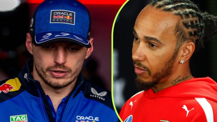 On the left, Red Bull driver Max Verstappen, on the right, Ferrari's Lewis Hamilton, both pictured at the 2026 Japanese Grand Prix