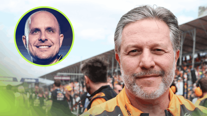 Zak Brown smiles as he eyes the camera on the grid in Australia with an inset of GianPiero Lambiase