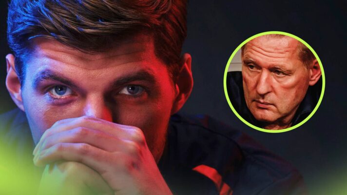 Max Verstappen holds his hands over his mouth with an inset of Jos Verstappen