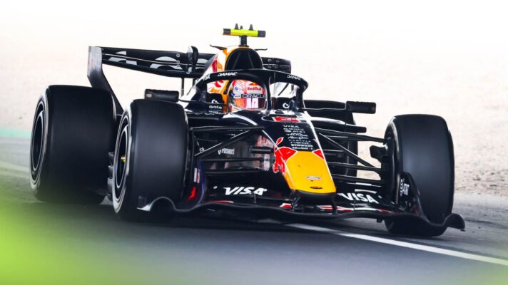 Red Bull driver Isack Hadjar goes under the bridge at Degner Two at Suzuka.