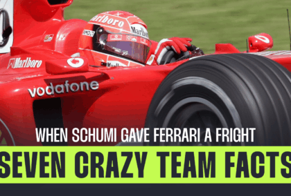 A zoomed-in shot of Michael Schumacher at the wheel of the Ferrari F2004 with a banner reading: 'When Schumi gave Ferrari a fright: Seven crazy team facts'