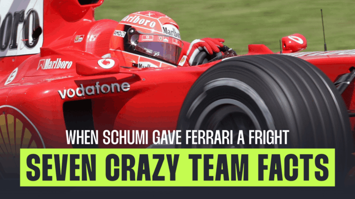 A zoomed-in shot of Michael Schumacher at the wheel of the Ferrari F2004 with a banner reading: 'When Schumi gave Ferrari a fright: Seven crazy team facts'