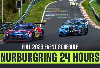 The Team Verstappen Mercedes leads a BMW on track at the Nurburgring Nordschleife.