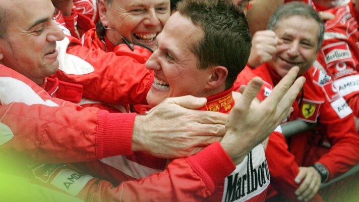Michael Schumacher celebrates winning the 2006 Chinese Grand Prix with Ferrari