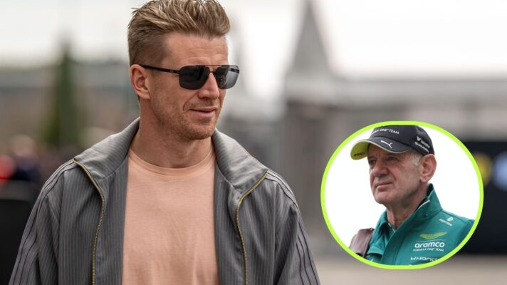 Nico Hulkenberg, Audi, pictured at the 2026 Japanese Grand Prix, as Aston Martin's Adrian Newey appears in a bottom right circle