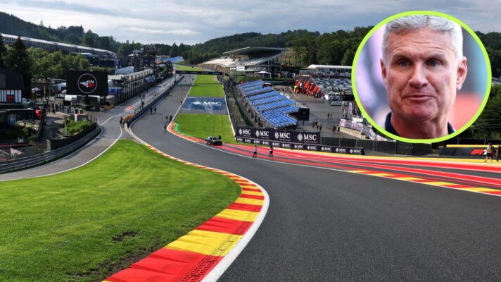 The scene looking back at Eau Rouge at the 2025 Belgian Grand Prix, as David Coulthard appears in a top right circle