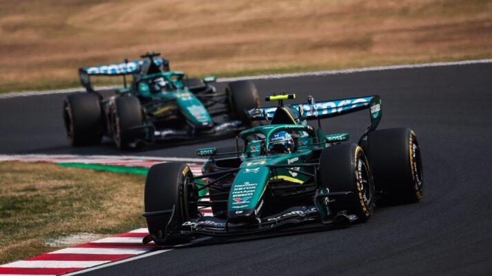 Fernando Alonso on track leads Aston Martin teammate Lance Stroll in their AMR26s.