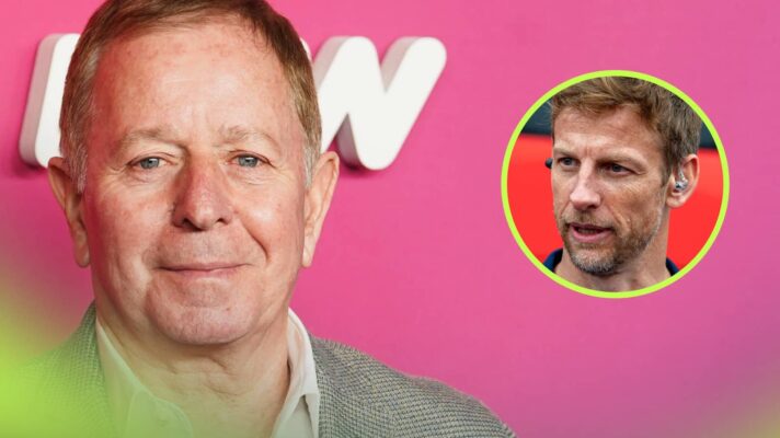 Martin Brundle smiling against a pink background with an inset of Jenson Button