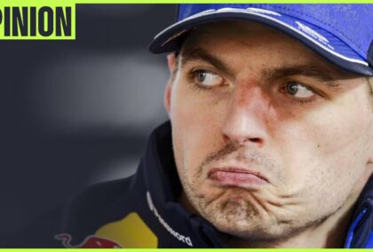 A close-up shot of Max Verstappen pulling a face with an 'opinion' tab in the top-left corner