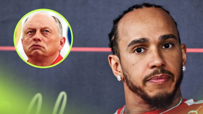 Lewis Hamilton in a press conference with an inset of Fred Vasseur