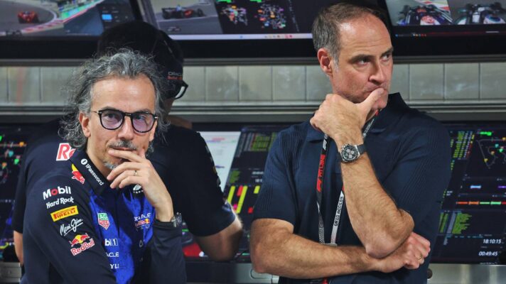 Red Bull's Laurent Mekies and CEO Oliver Mintzlaff pictured during pre-season testing in Bahrain.