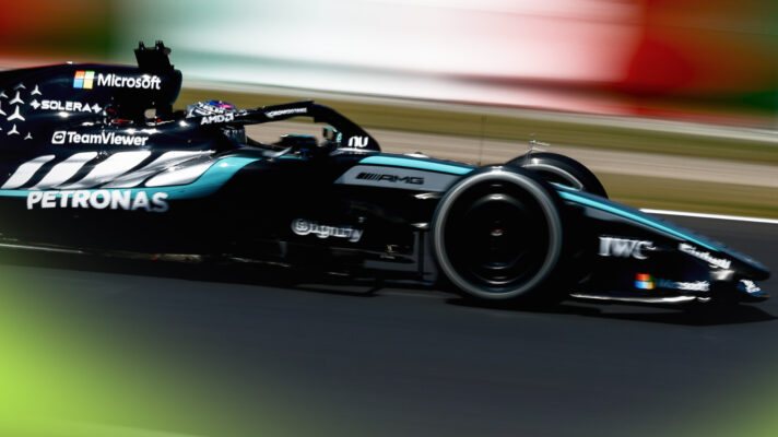 An action shot of George Russell on track at Suzuka