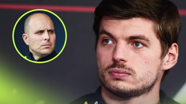 Max Verstappen looks on in a press conference with an inset of GianPiero Lambiase