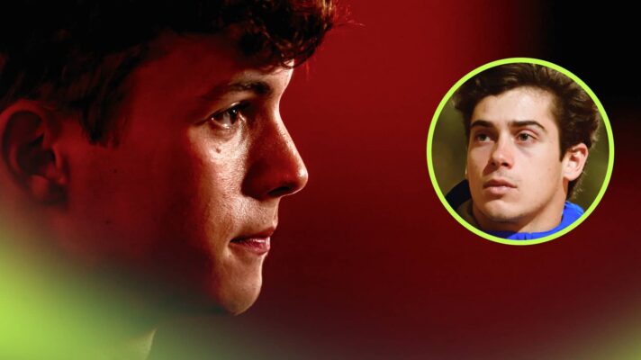 A side-profile shot of Oliver Bearman against a red background with an inset of Franco Colapinto