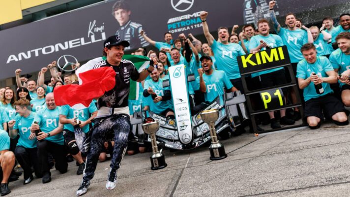Mercedes' Kimi Antonelli celebrates victory at the 2026 Japanese Grand Prix.
