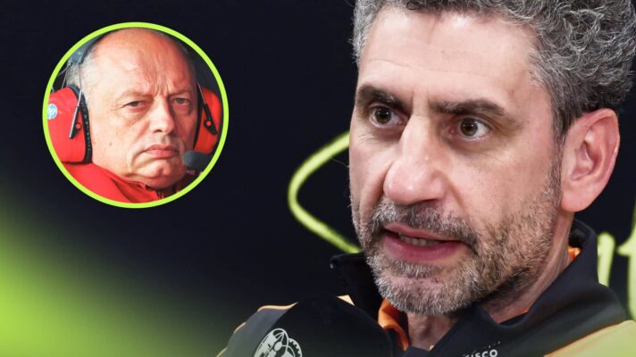 A close-up shot of Andrea Stella speaking in a press conference with an inset of Fred Vasseur wearing headphones