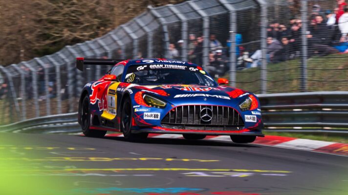 Max Vesrtappen on track at the Nurburgring Nordschleife behind the wheel of a Red Bull-branded Mercedes-AMG GT3