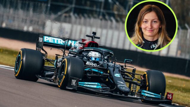 Mercedes' Doriane Pin on track at Silverstone in the W12.