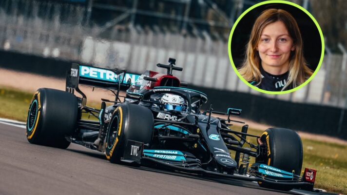 Mercedes' Doriane Pin on track at Silverstone in the W12.