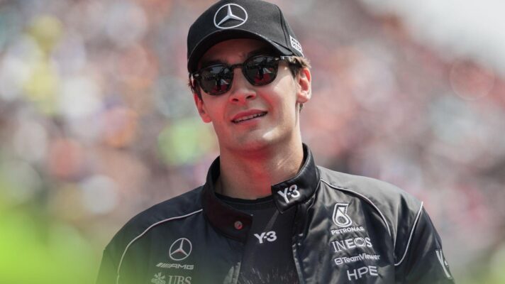 Mercedes driver George Russell on the grid at Suzuka.