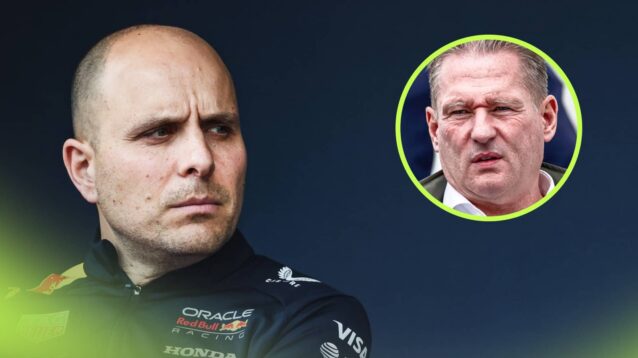 GianPiero Lambiase turning his head to his left where an inset of Jos Verstappen sits alongside him