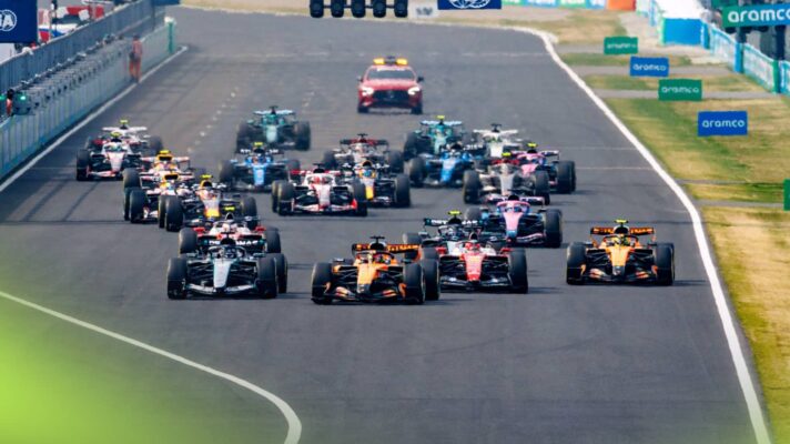 F1 cars fight for position off the start line at Suzuka