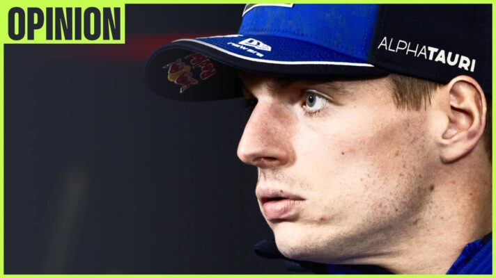 Max Verstappen looks to his right in a press conference with an 'opinion' tab in the top-left corner