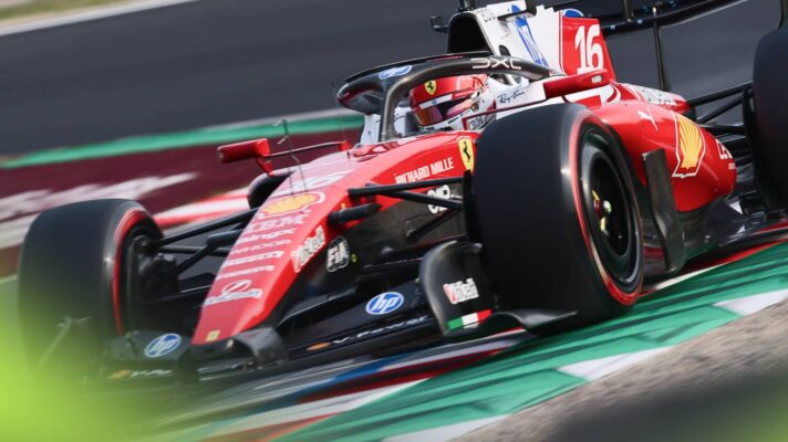 An action shot of Charles Leclerc's Ferrari on track at Suzuka