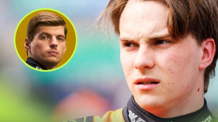 A close-up shot of Oscar Piastri on the grid at Suzuka with an inset of Max Verstappen