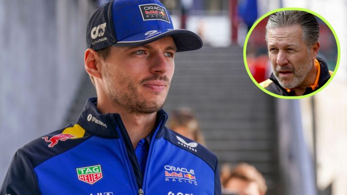 Max Verstappen, Red Bull, pictured at the 2026 Japanese Grand Prix, as Zak Brown, McLaren, appears in a top right circle