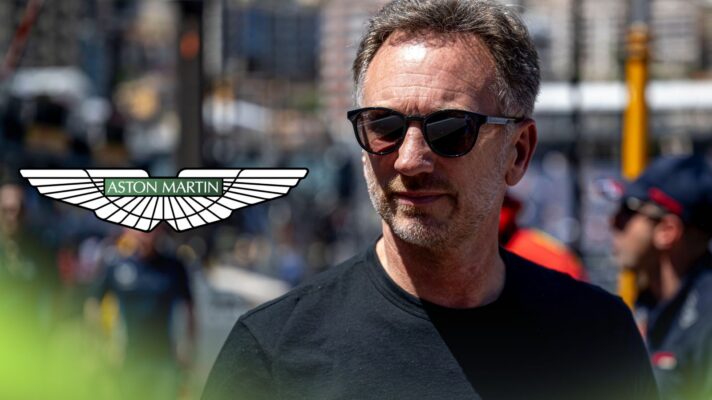 Christian Horner pictured at the 2025 Monaco Grand Prix, as an Aston Martin badge appears on the left