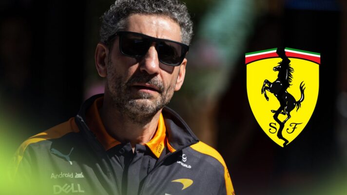 McLaren team principal Andrea Stella pictured at the 2026 Australian Grand Prix, as a cracked Ferrari logo appears on the right