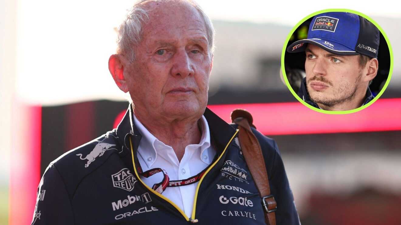 Helmut Marko, Red Bull, pictured at the 2025 Las Vegas Grand Prix, as Max Verstappen appears in a top right circle