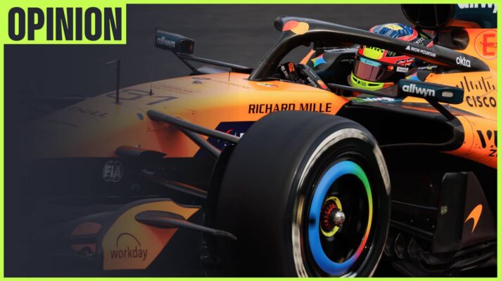 An action shot of Oscar Piastri's McLaren on track at Suzuka with an 'opinion' tab in the top-left corner