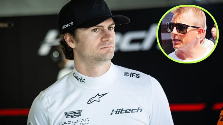 Colton Herta pictured at the Melbourne 2026 Formula 2 round, as Kimi Raikkonen appears in a top right circle
