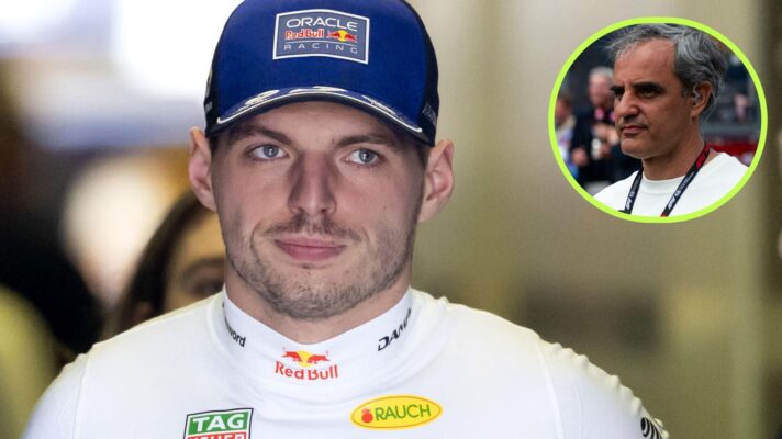 Max Verstappen, Red Bull, pictured at the 2026 Australian Grand Prix, as Juan Pablo Montoya appears in a top right circle