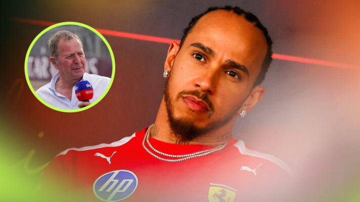 Lewis Hamilton sits in an FIA press conference with an inset image of Martin Brundle holding a Sky Sports microphone.