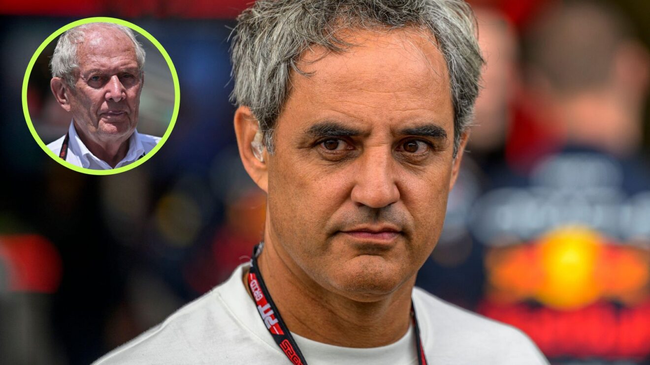 Juan Pablo Montoya pictured at the 2025 Azerbaijan Grand Prix, as Helmut Marko appears in a top left circle