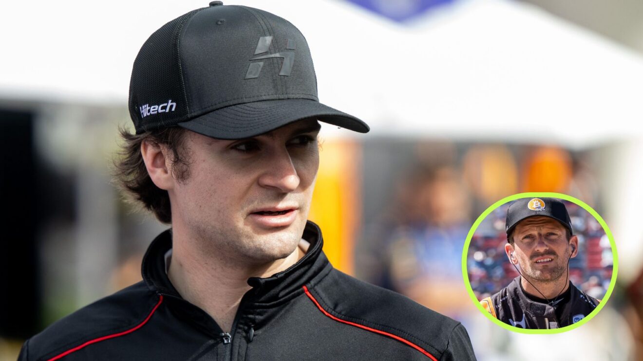 Colton Herta, Hitech, pictured at the 2026 Formula 2 round in Melbourne, as Romain Grosjean appears in a bottom right circle