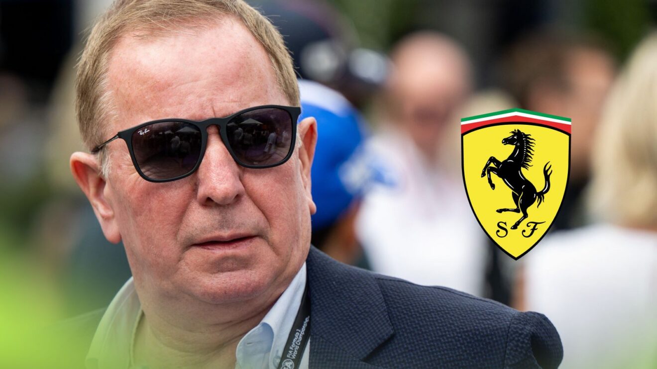 Martin Brundle pictured at the 2026 Australian Grand Prix, as a Ferrari logo appears on the right