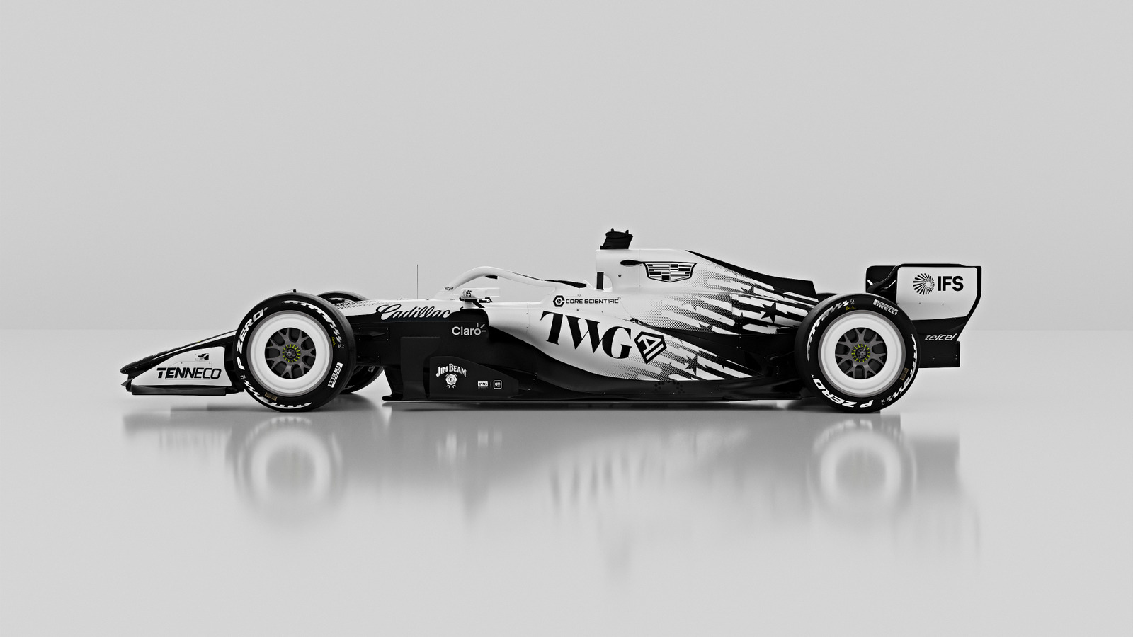 A side view of the Cadillac F1 car with its revised Miami GP livery, with a subtle, stylised American flag over the rear of the engine cover and sidepod.