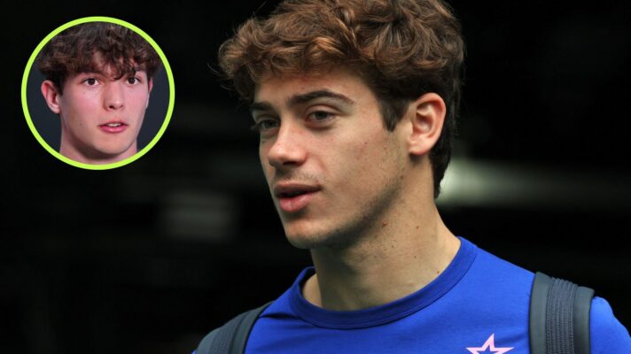 Franco Colapinto, Alpine, pictured at the 2026 Miami Grand Prix, as Oliver Bearman, Haas, appears in a top left circle