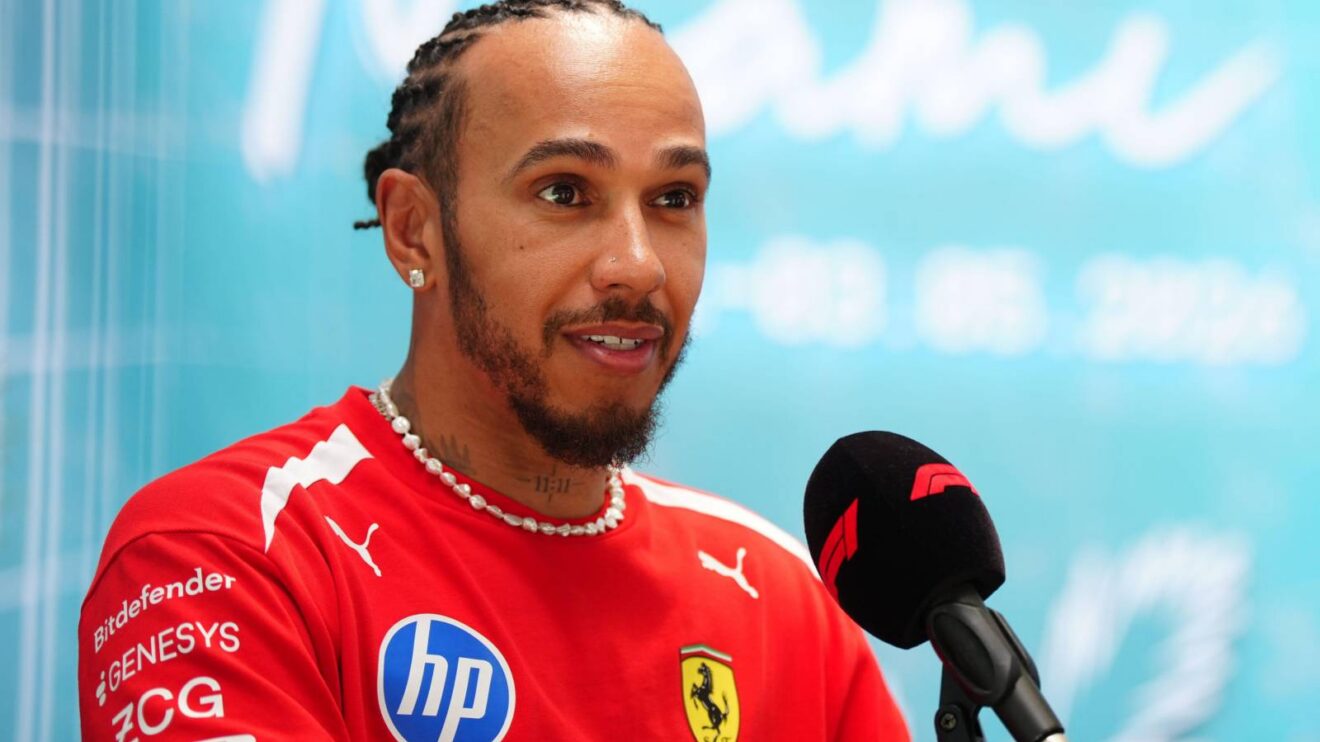 Lewis Hamilton, Ferrari, speaks into an F1 microphone at the 2026 Miami Grand Prix