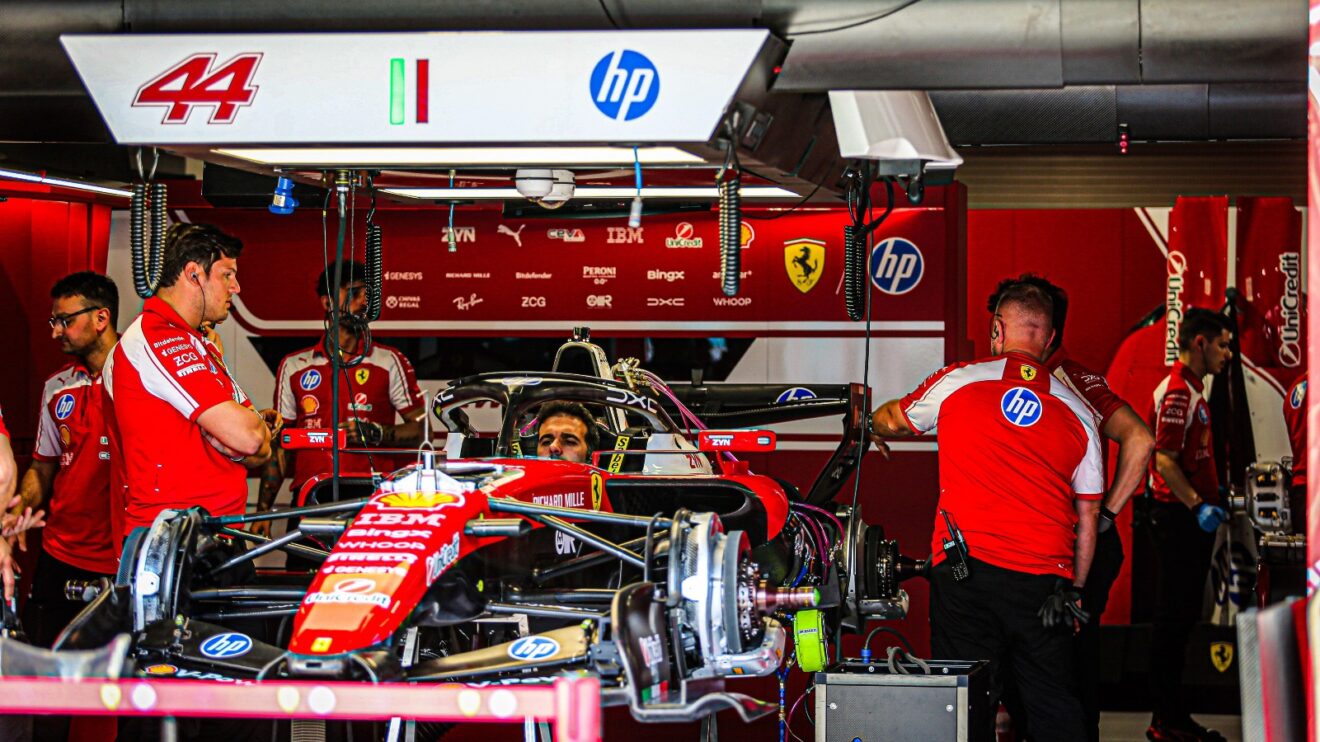 The Ferrari car of Lewis Hamilton in the Miami garage