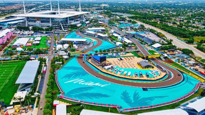 An aerial shot looking down at the Miami GP circuit.
