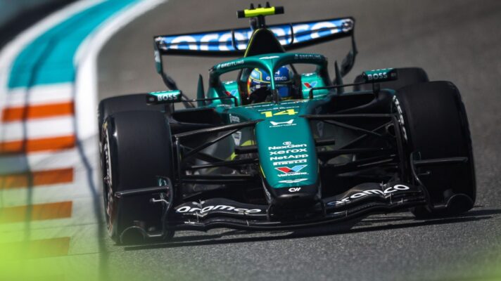 Fernando Alonso drives the Aston Martin AMR26 at the 2026 Miami Grand Prix