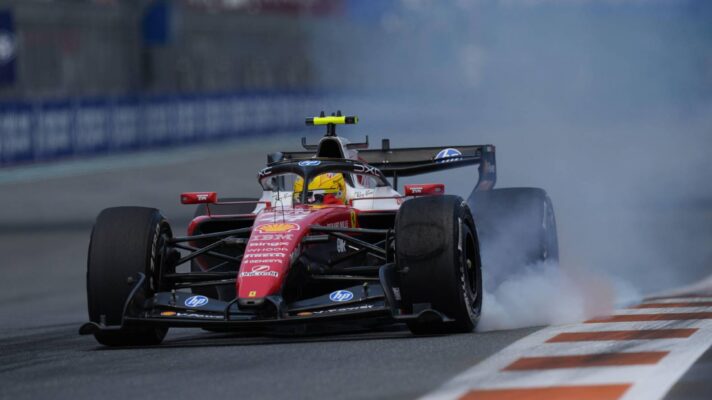 Ferrari's Lewis Hamilton on track at the 2026 Miami Grand Prix.