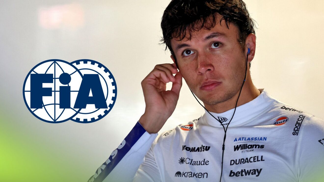 Alex Albon, Williams, pictured at the 2026 Miami Grand Prix, as an FIA logo appears on the left