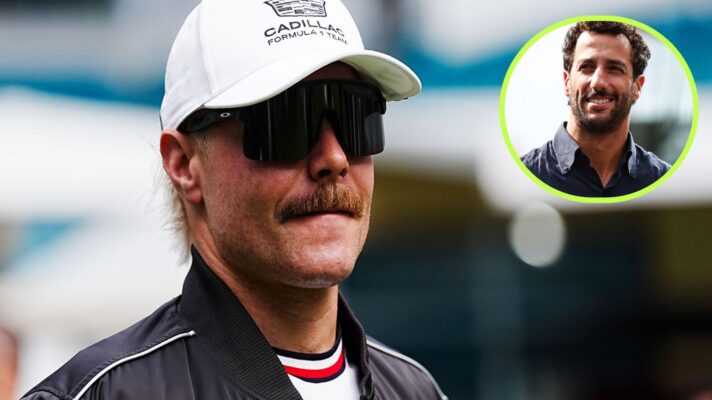 Valtteri Bottas, Cadillac, pictured at the 2026 Miami Grand Prix, as Daniel Ricciardo appears in a top right circle