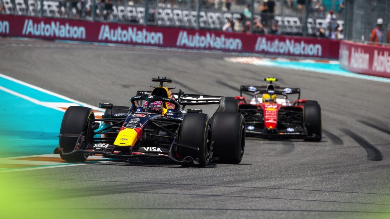 Max Verstappen, Red Bull, and Lewis Hamilton, Ferrari, battle during the 2026 Miami GP Sprint